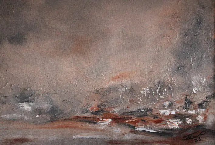 A painting of a beach with smoke coming from it